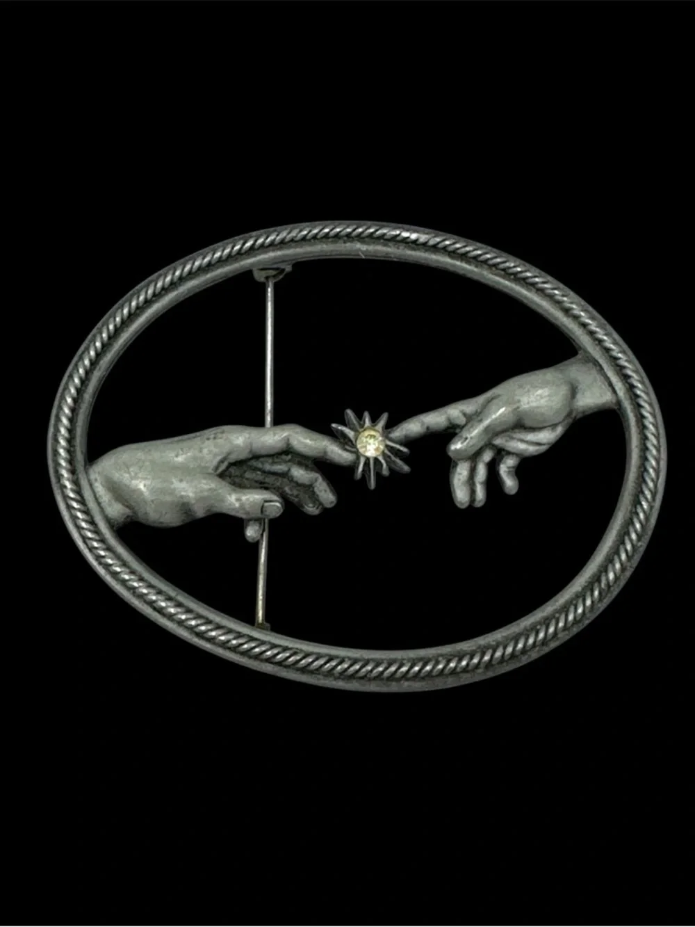 JJ Signed Vintage Creation of Adam Eve Da Vinci Hand of God Oval Pin Brooch